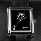 Laphont Bloc Bouquella — Close-up of the hand-painted girl holding the strings of her bouquets, the hands turning at the centre of the glossy black dial inside the stepped steel case, a custom limited edition watch by IFL Watches
