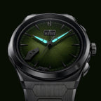 Lucky Harvey Chiming Watch 2.0 Green — In the dark, showing the luminous hands, available at IFL Watches.