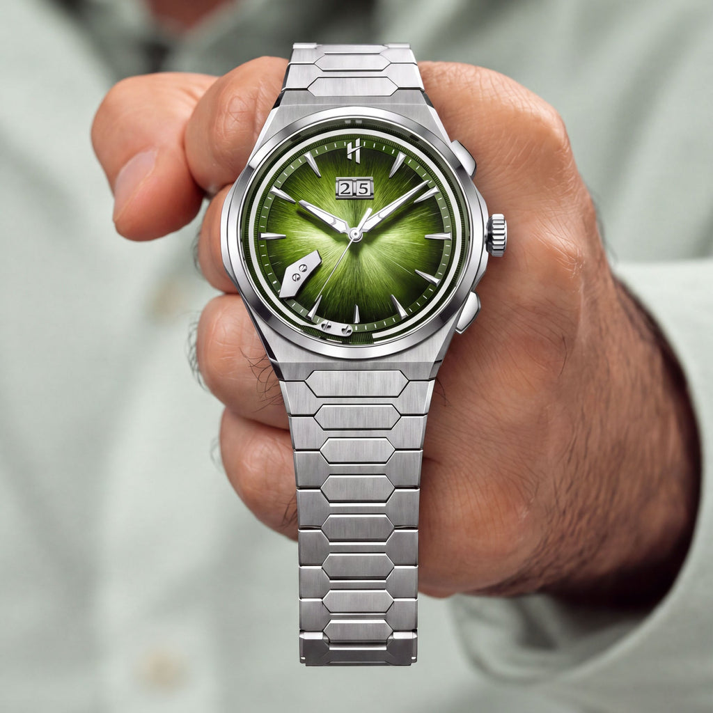 Lucky Harvey Chiming Watch 2.0 Green — Held in hand, showing the green dial and big date, available at IFL Watches.