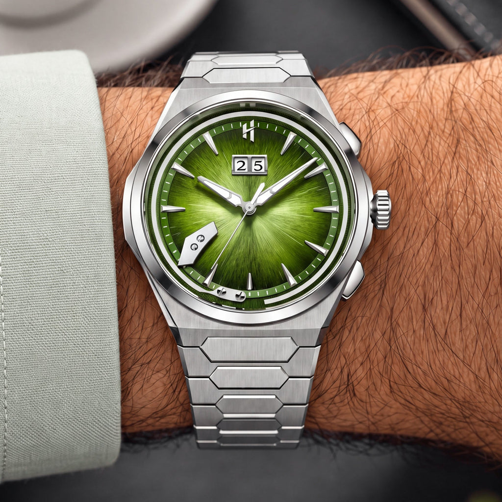 Lucky Harvey Chiming Watch 2.0 Green — Worn on wrist, front view of the green dial, available at IFL Watches.