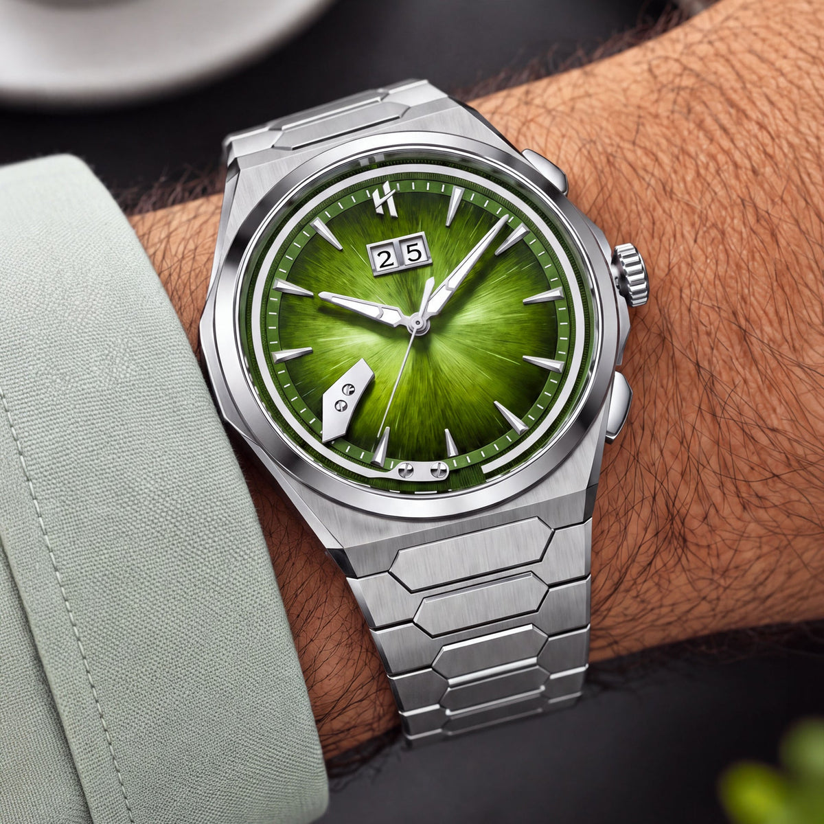Lucky Harvey Chiming Watch 2.0 Green — Worn on wrist at an angle, showing the crown and pushers, available at IFL Watches.