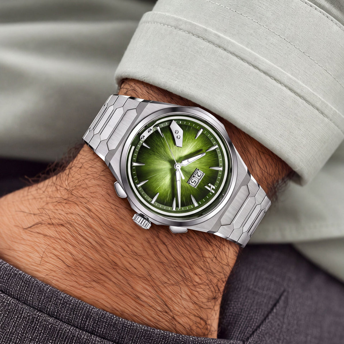 Lucky Harvey Chiming Watch 2.0 Green — Worn on wrist with a hand in the pocket, available at IFL Watches.