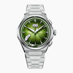 Lucky Harvey Chiming Watch 2.0 Green — Front view of the hand-brushed green dial with big date and chiming hammer, 40mm Grade 5 titanium case on integrated titanium bracelet, available at IFL Watches.