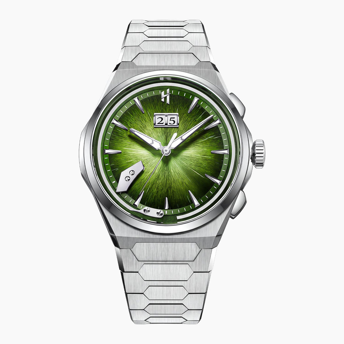 Lucky Harvey Chiming Watch 2.0 Green — Front view of the hand-brushed green dial with big date and chiming hammer, 40mm Grade 5 titanium case on integrated titanium bracelet, available at IFL Watches.