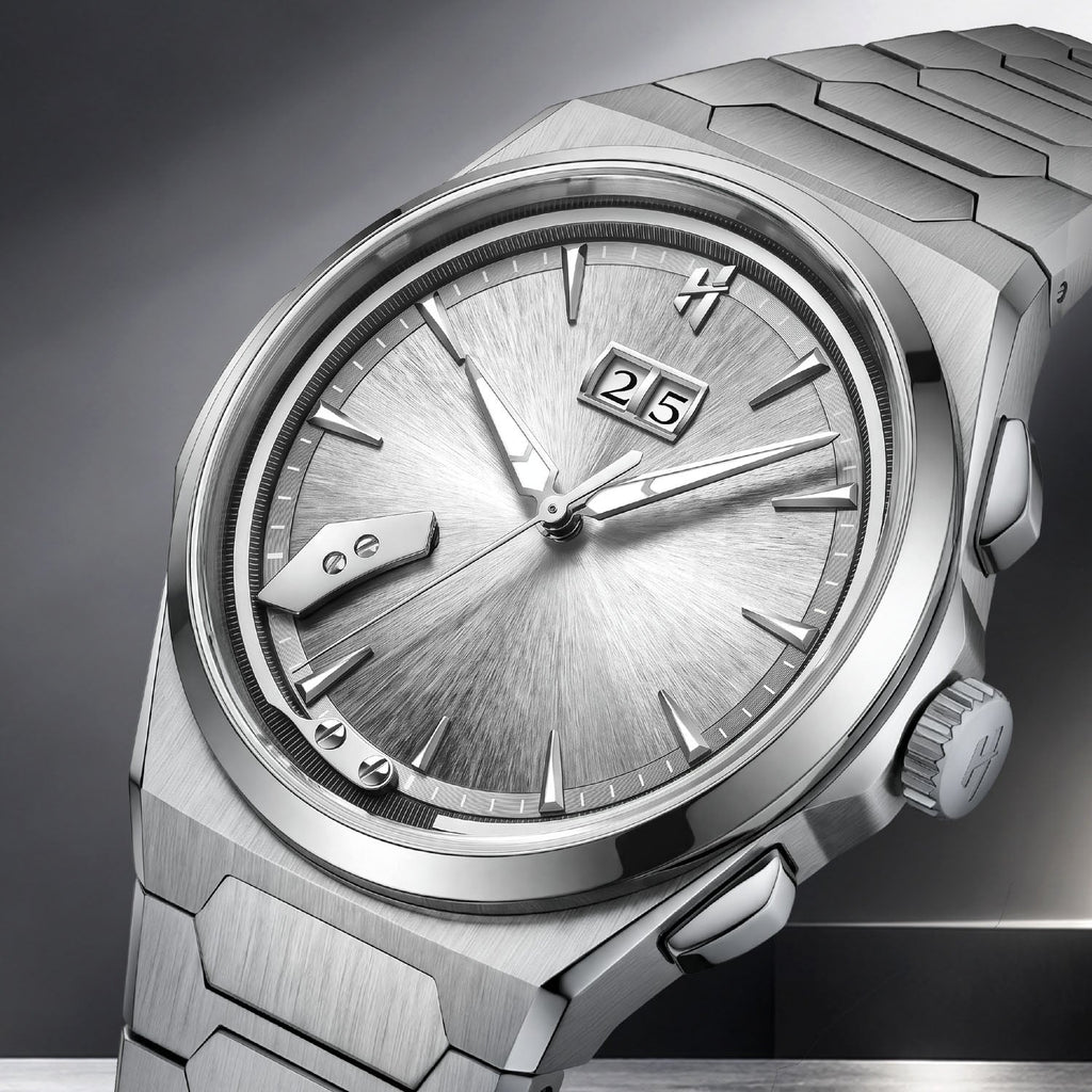 Lucky Harvey Chiming Watch 2.0 Silver — Close angled view of the radially brushed silver dial, big date window and hammer, available at IFL Watches.