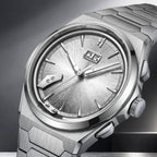 Lucky Harvey Chiming Watch 2.0 Silver — Close angled view of the radially brushed silver dial, big date window and hammer, available at IFL Watches.