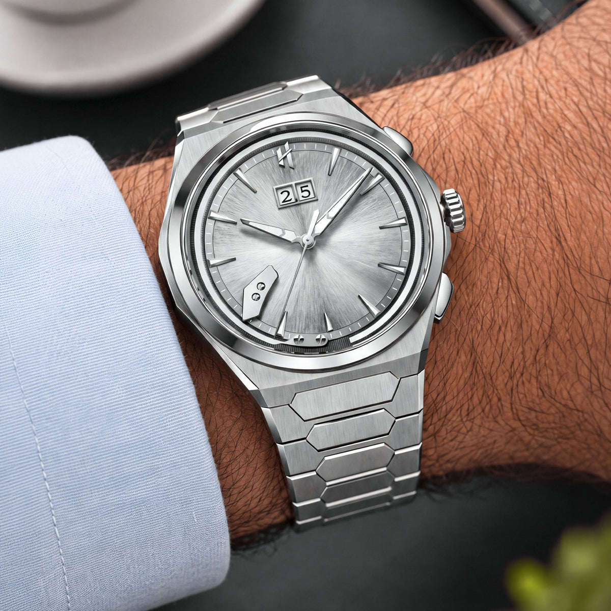 Lucky Harvey Chiming Watch 2.0 Silver — Worn on wrist at an angle, showing the crown and pushers, available at IFL Watches.