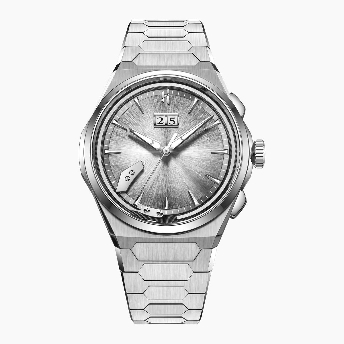Lucky Harvey Chiming Watch 2.0 Silver — Front view of the hand-brushed silver dial with big date and chiming hammer, 40mm Grade 5 titanium case on integrated titanium bracelet, available at IFL Watches.