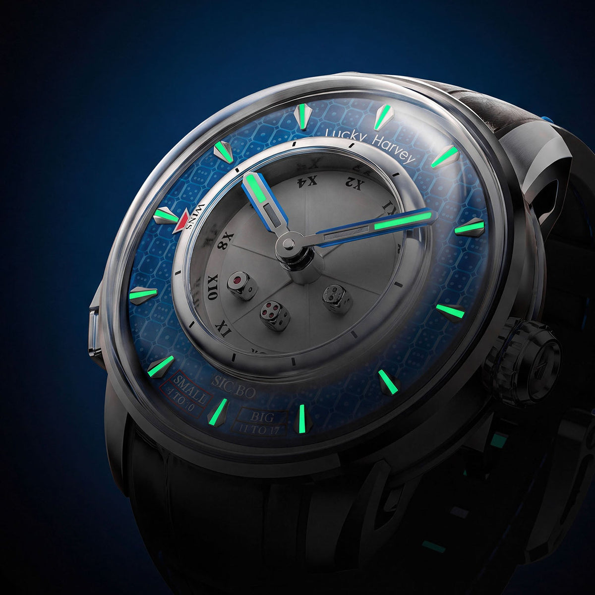 Lucky Harvey Sic Bo Blue — In the dark, showing the luminous hands and hour markers, available at IFL Watches.