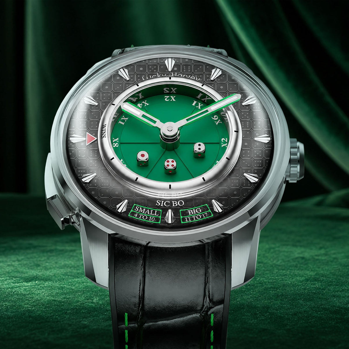 Lucky Harvey Sic Bo Green — Front view on a green felt casino table, available at IFL Watches.