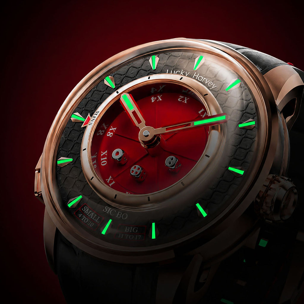 Lucky Harvey Sic Bo Red — In the dark, showing the luminous hands and hour markers, available at IFL Watches.