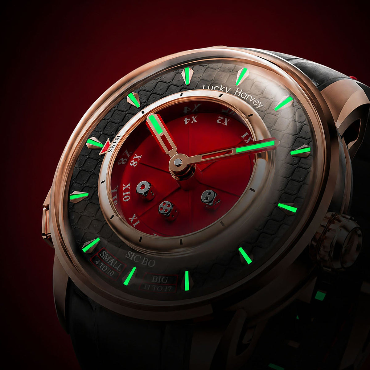 Lucky Harvey Sic Bo Red — In the dark, showing the luminous hands and hour markers, available at IFL Watches.
