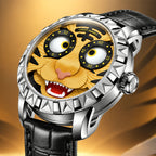 Lucky Harvey Tiger Gold — Close angled view of the sculpted tiger face, open mouth and spiked bezel, available at IFL Watches.