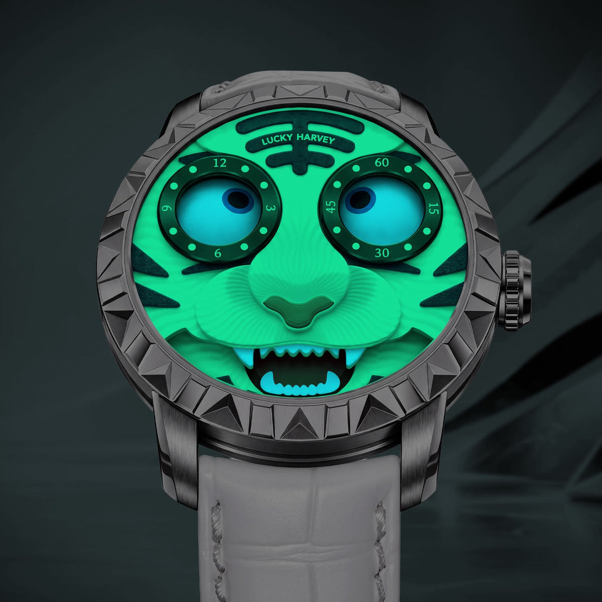 Lucky Harvey Tiger White — In the dark, showing the luminous eyes and teeth, available at IFL Watches.