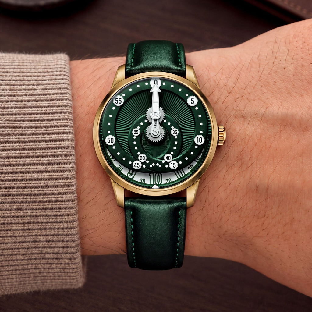 Mandetbrote Orbital Bronze Crush — Worn on wrist with a beige cuff, showing the minute arm and hour disc, available at IFL Watches.
