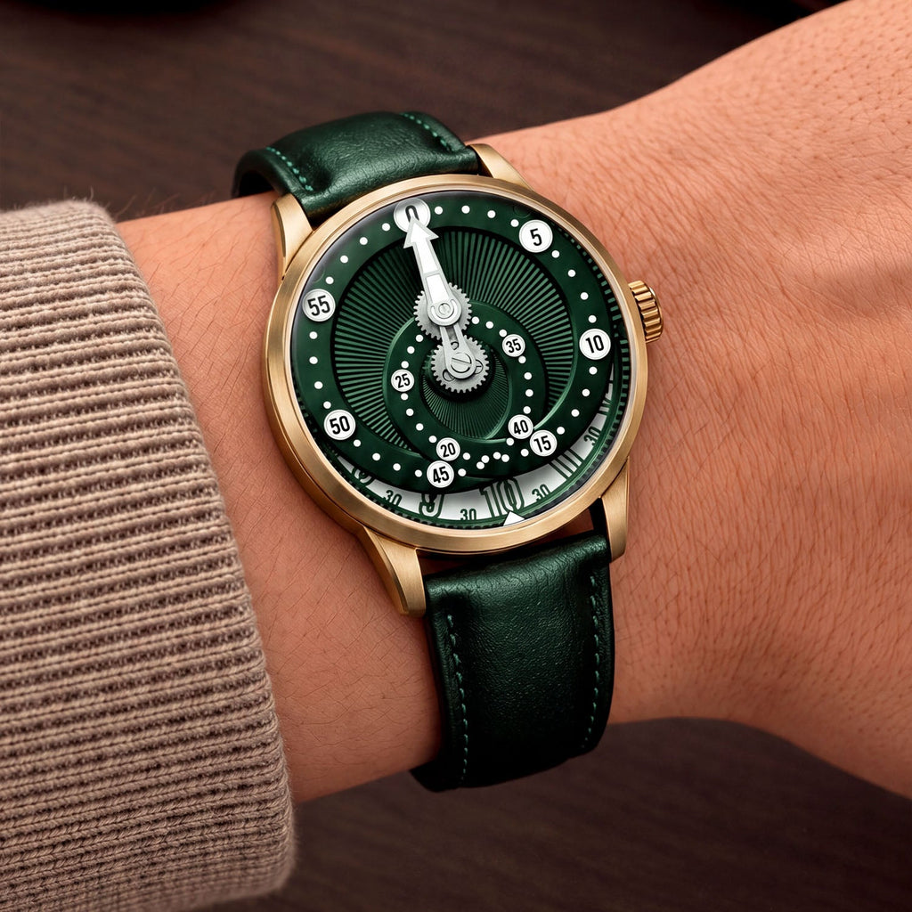 Mandetbrote Orbital Bronze Crush — Worn on wrist at an angle, showing the dial and crown, available at IFL Watches.