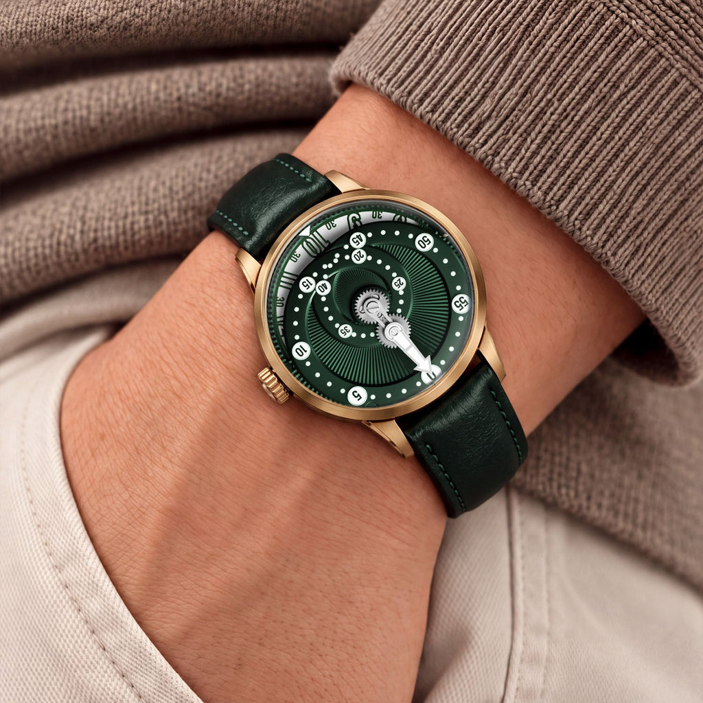 Mandetbrote Orbital Bronze Crush — Worn on wrist with a hand in pocket, seen from a relaxed angle, available at IFL Watches.