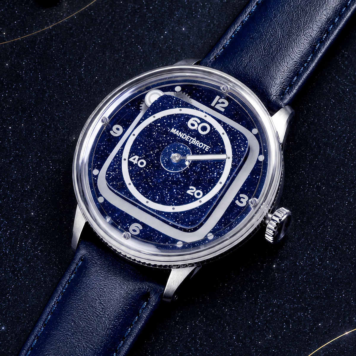 Mandetbrote Orbital II Blue — Resting on a dark starry backdrop, seen in three-quarter view, available at IFL Watches.