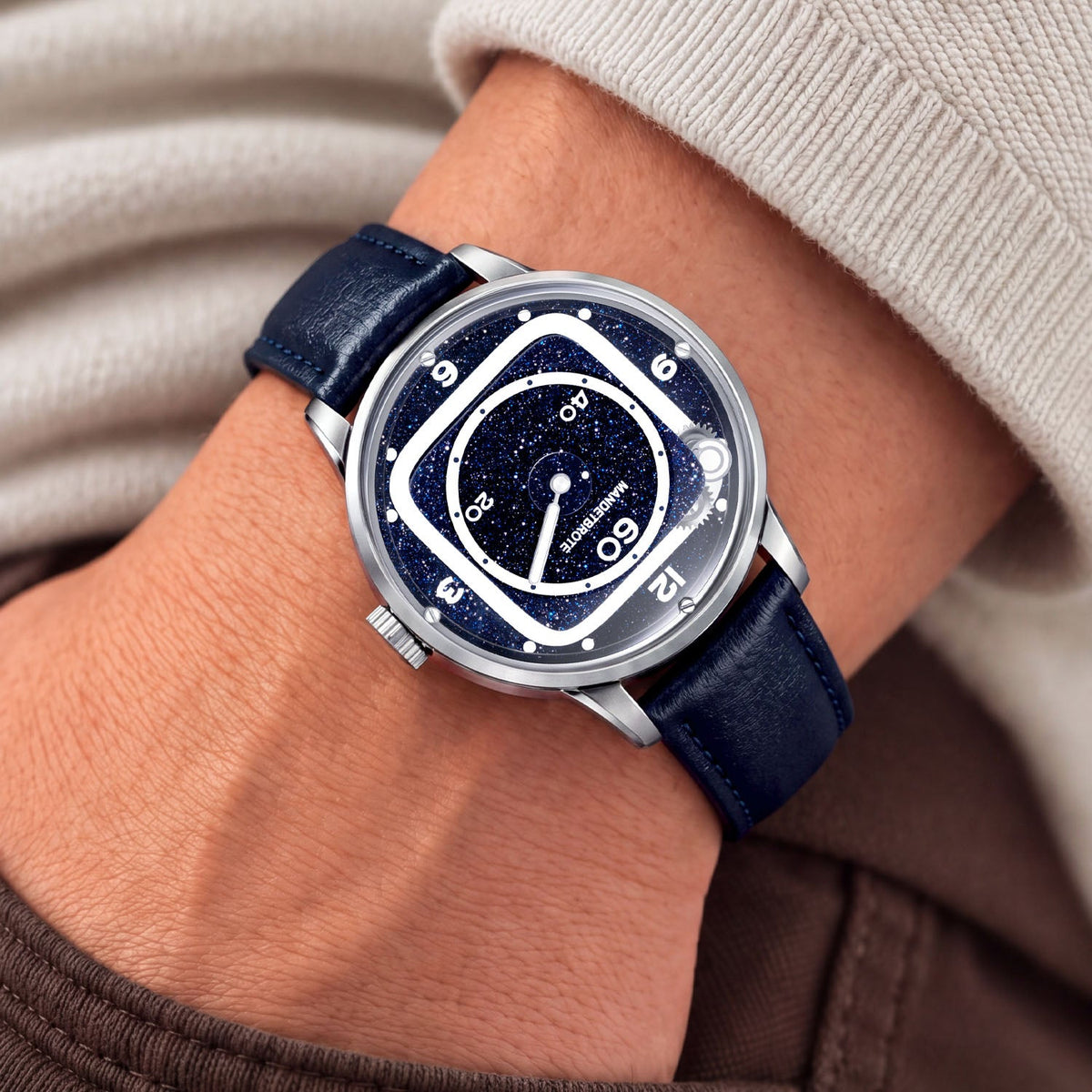 Mandetbrote Orbital II Blue — Worn on wrist with a hand in pocket, seen from a relaxed angle, available at IFL Watches.