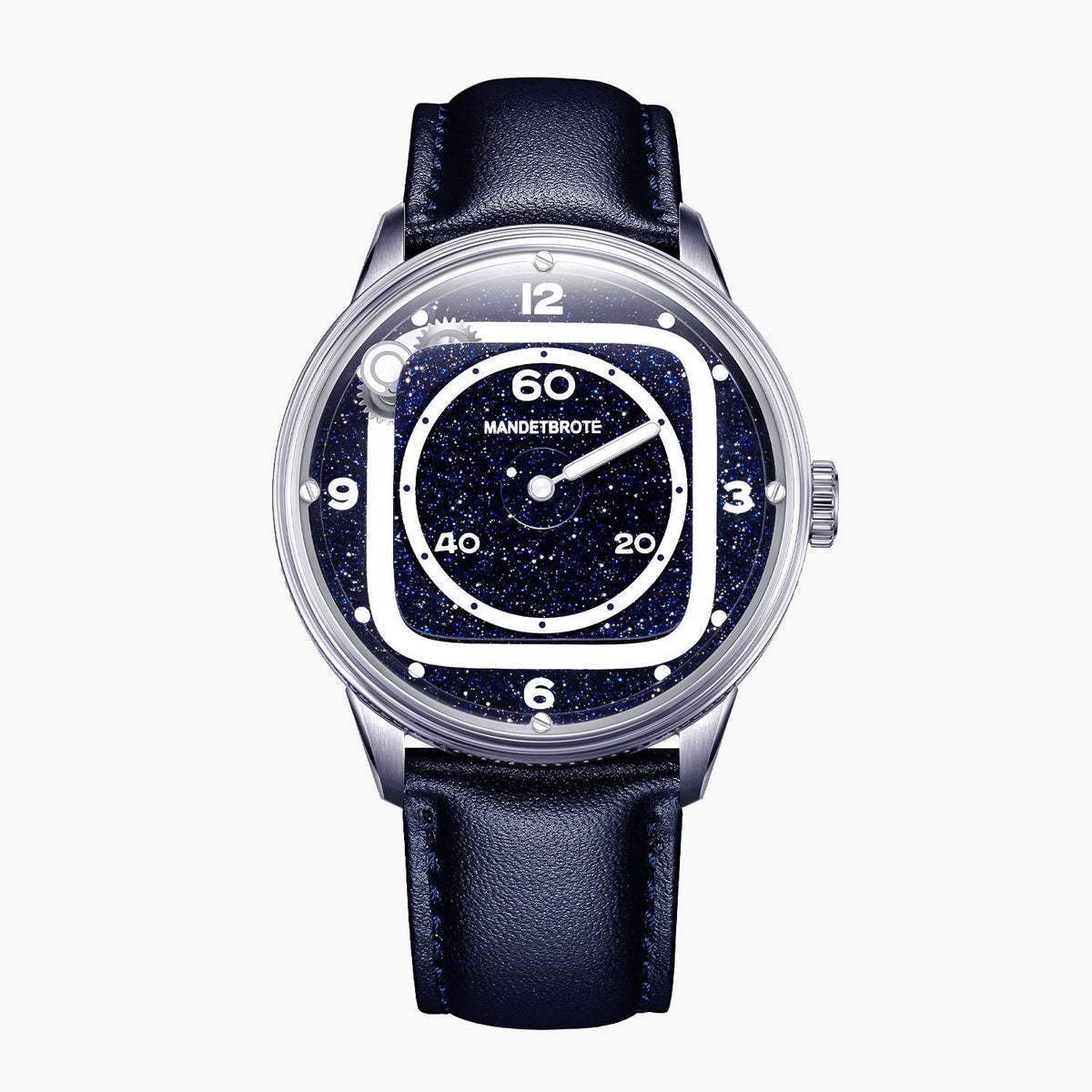 Mandetbrote Orbital II Blue — Front view of the blue aventurine glass dial with cushion-shaped hour rail, geared satellite and central minute hand, 40mm steel case on blue leather strap, available at IFL Watches.
