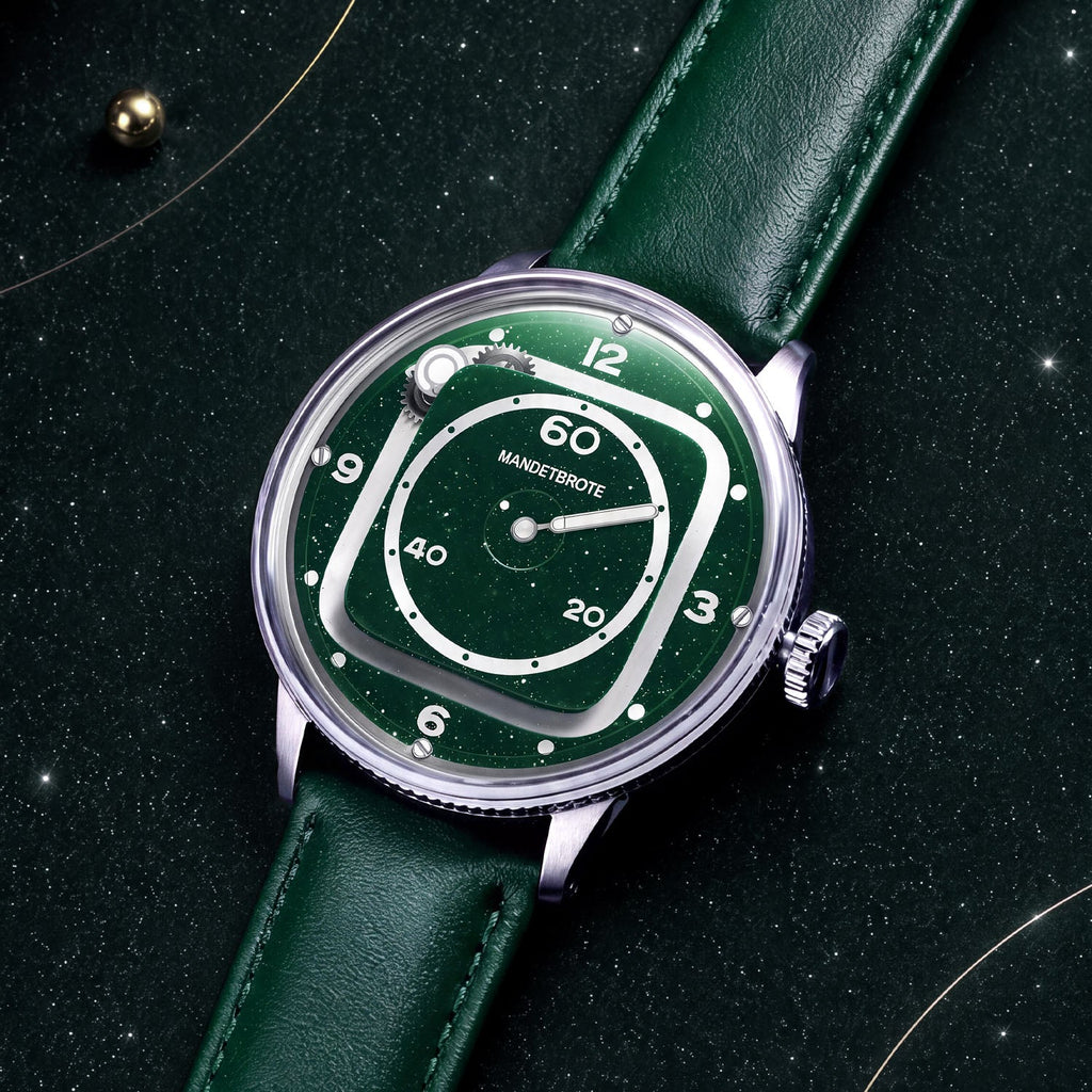Mandetbrote Orbital II Green — Resting on a dark starry backdrop, seen in three-quarter view, available at IFL Watches.