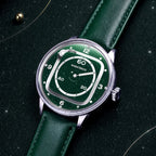 Mandetbrote Orbital II Green — Resting on a dark starry backdrop, seen in three-quarter view, available at IFL Watches.