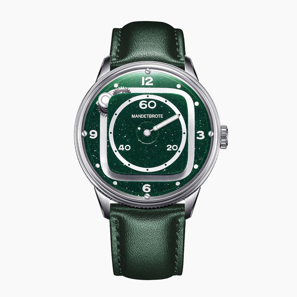 Mandetbrote Orbital II Green — Front view of the green aventurine glass dial with cushion-shaped hour rail, geared satellite and central minute hand, 40mm steel case on green leather strap, available at IFL Watches.
