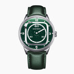 Mandetbrote Orbital II Green — Front view of the green aventurine glass dial with cushion-shaped hour rail, geared satellite and central minute hand, 40mm steel case on green leather strap, available at IFL Watches.