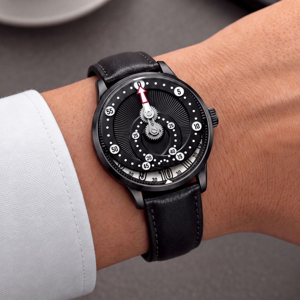 Mandetbrote Orbital Midnight Black — Worn on wrist at an angle, showing the dial and crown, available at IFL Watches.