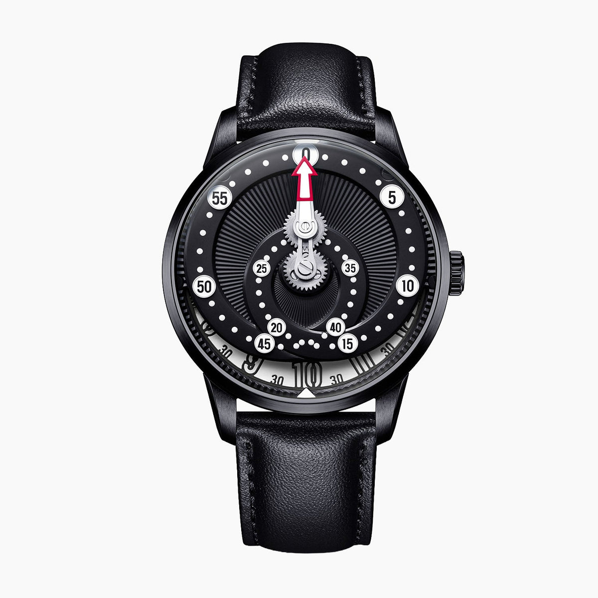 Mandetbrote Orbital Midnight Black — Front view of the black dial with geared minute arm, looping minute track and hour window at six, 41.2mm black DLC steel case on black leather strap, available at IFL Watches.