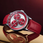 Mandetbrote Wandering Hour Burgundy — Angled on a reflective surface, showing the case and crown, available at IFL Watches.