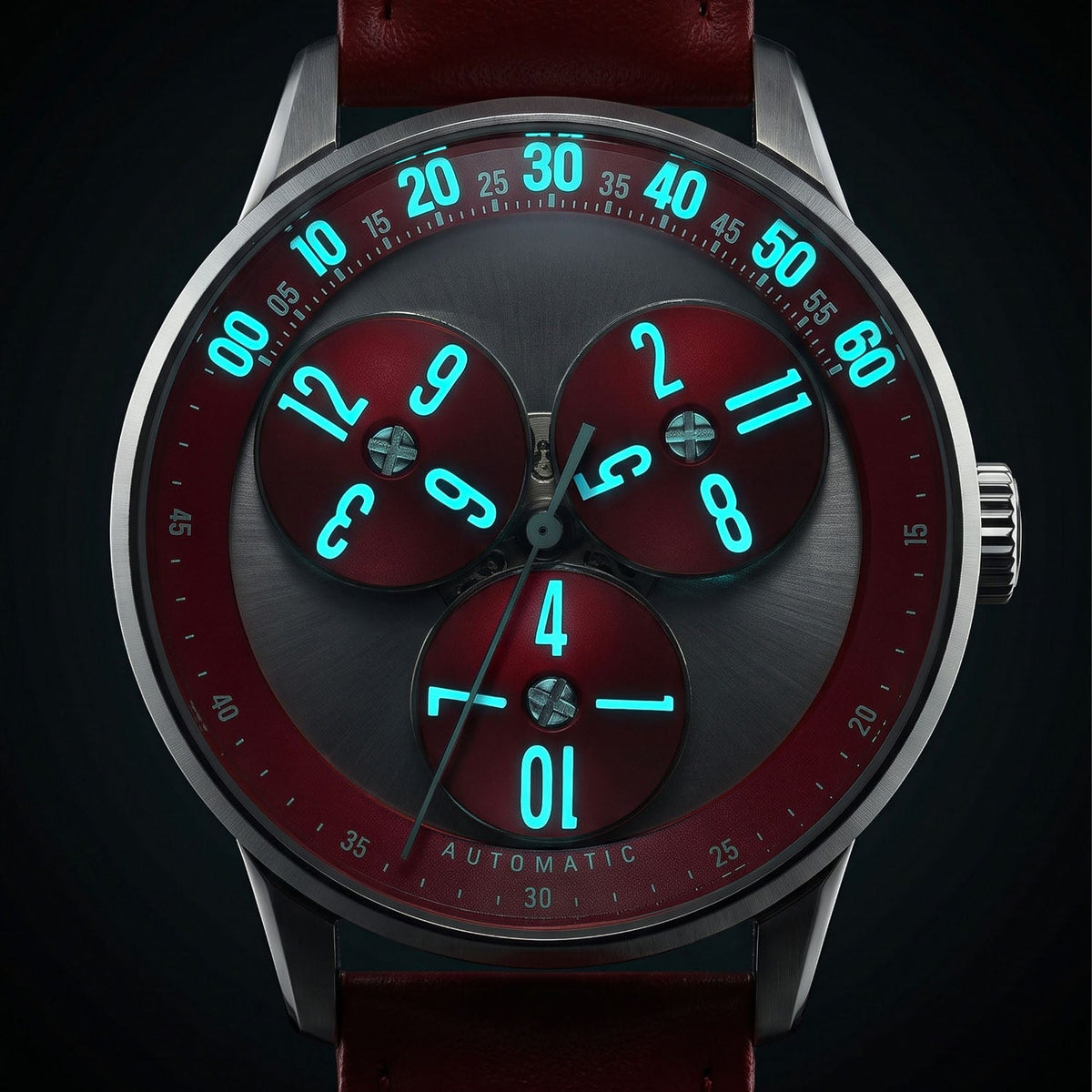 Mandetbrote Wandering Hour Burgundy — In the dark, with the hour numerals and minute track glowing, available at IFL Watches.