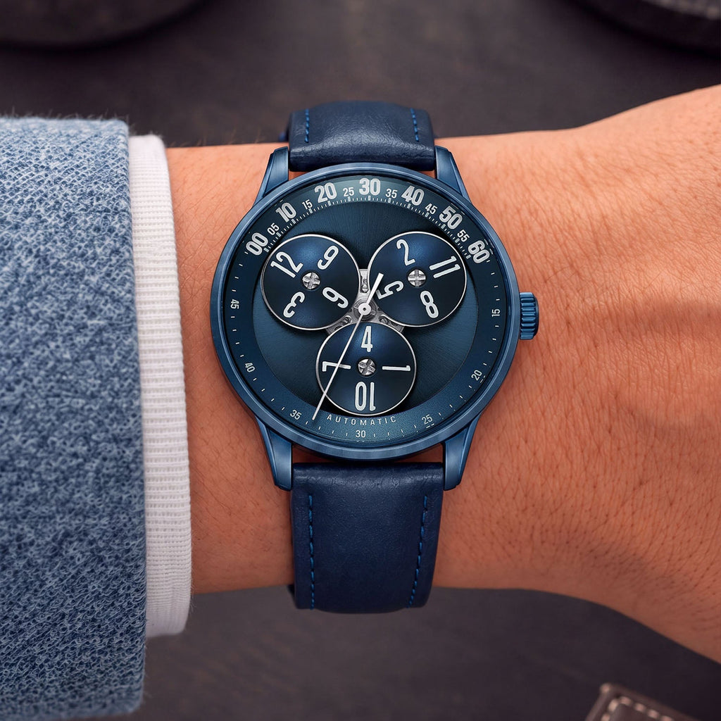 Mandetbrote Wandering Hour Dark Blue — Worn on wrist with a blue-grey sleeve, showing the wandering hour display, available at IFL Watches.