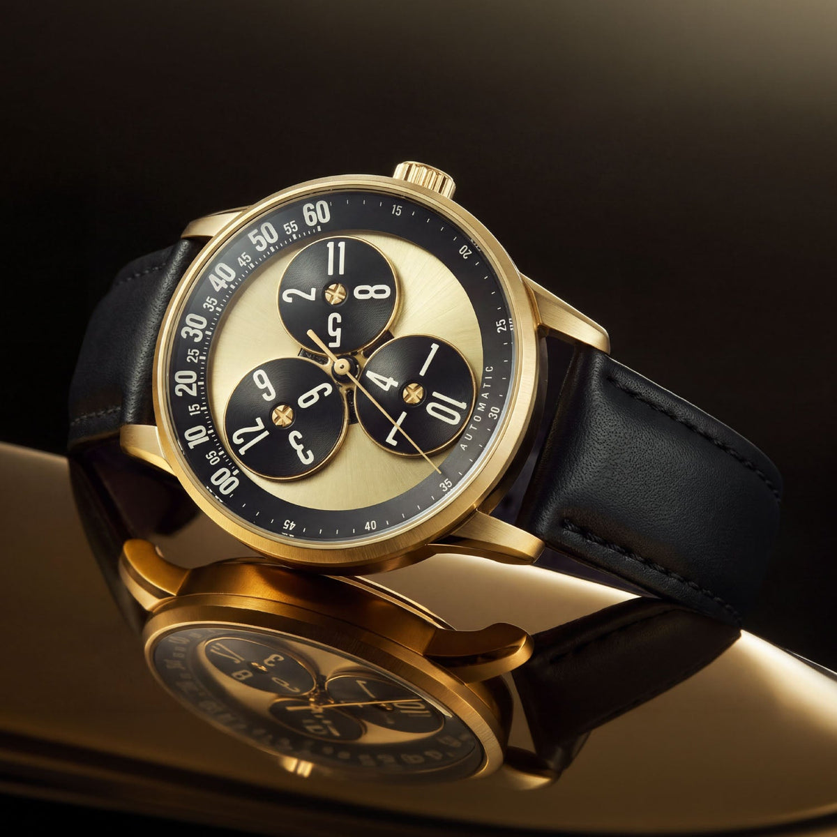 Mandetbrote Wandering Hour Gold — Angled on a reflective surface, showing the case and crown, available at IFL Watches.