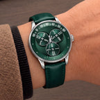 Mandetbrote Wandering Hour Green — Worn on wrist at an angle, showing the minute arc and hour discs, available at IFL Watches.