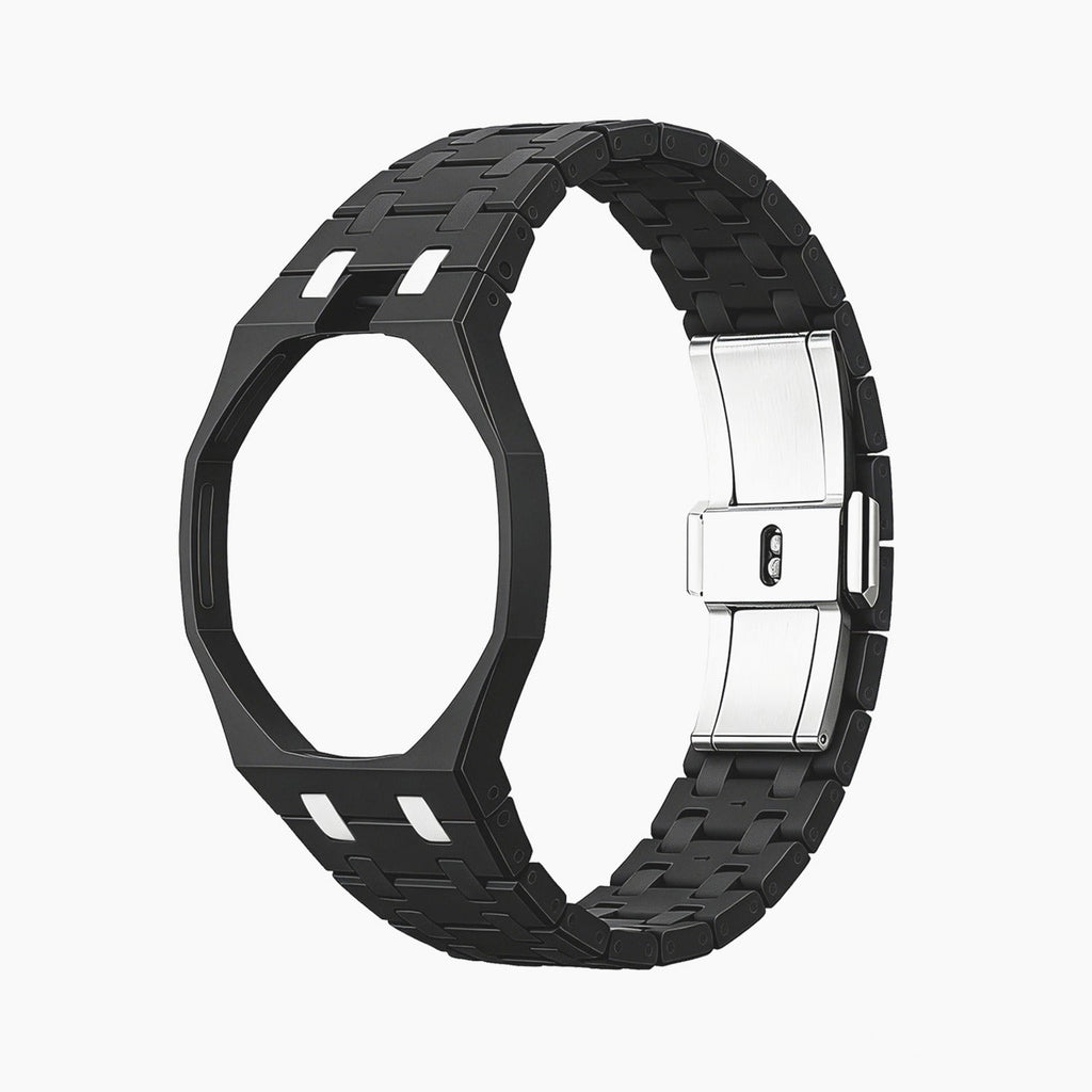 Ocho Negro Swatch × AP Royal Pop Ceramic Case-Strap — bare stealth black ceramic bracelet with empty case bracket, front view, by IFL Watches