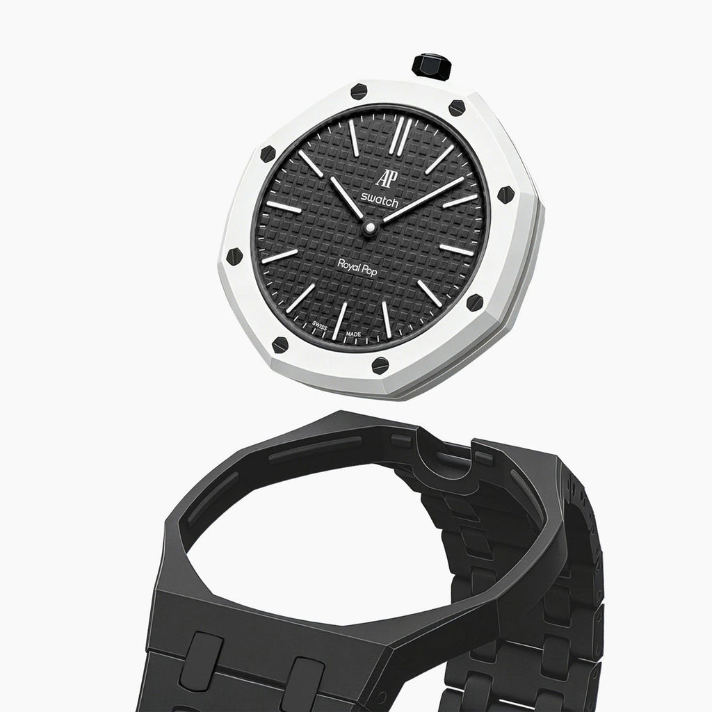 Ocho Negro Swatch × AP Royal Pop Ceramic Case-Strap — case and strap shown separately above the Royal Pop, by IFL Watches