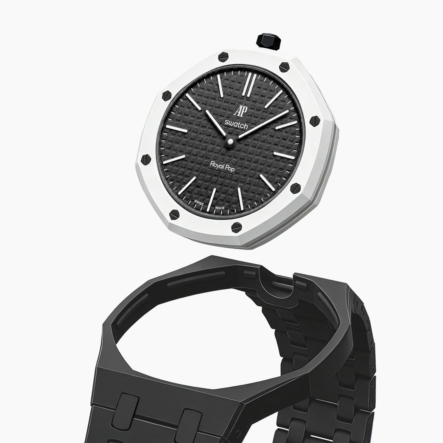 Ocho Negro Swatch × AP Royal Pop Ceramic Case-Strap — case and strap shown separately above the Royal Pop, by IFL Watches