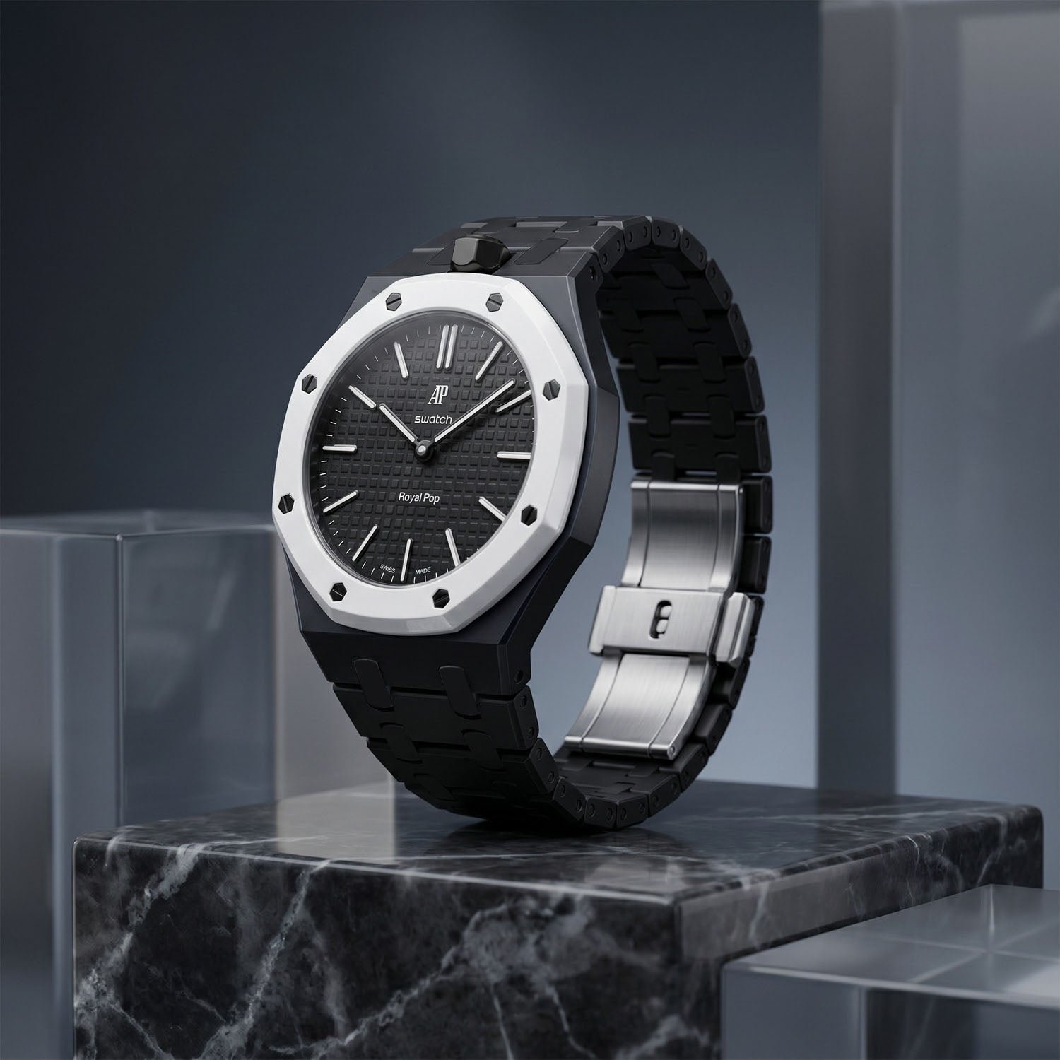 Ocho Negro Swatch × AP Royal Pop Ceramic Case-Strap — worn in a marble scene, by IFL Watches