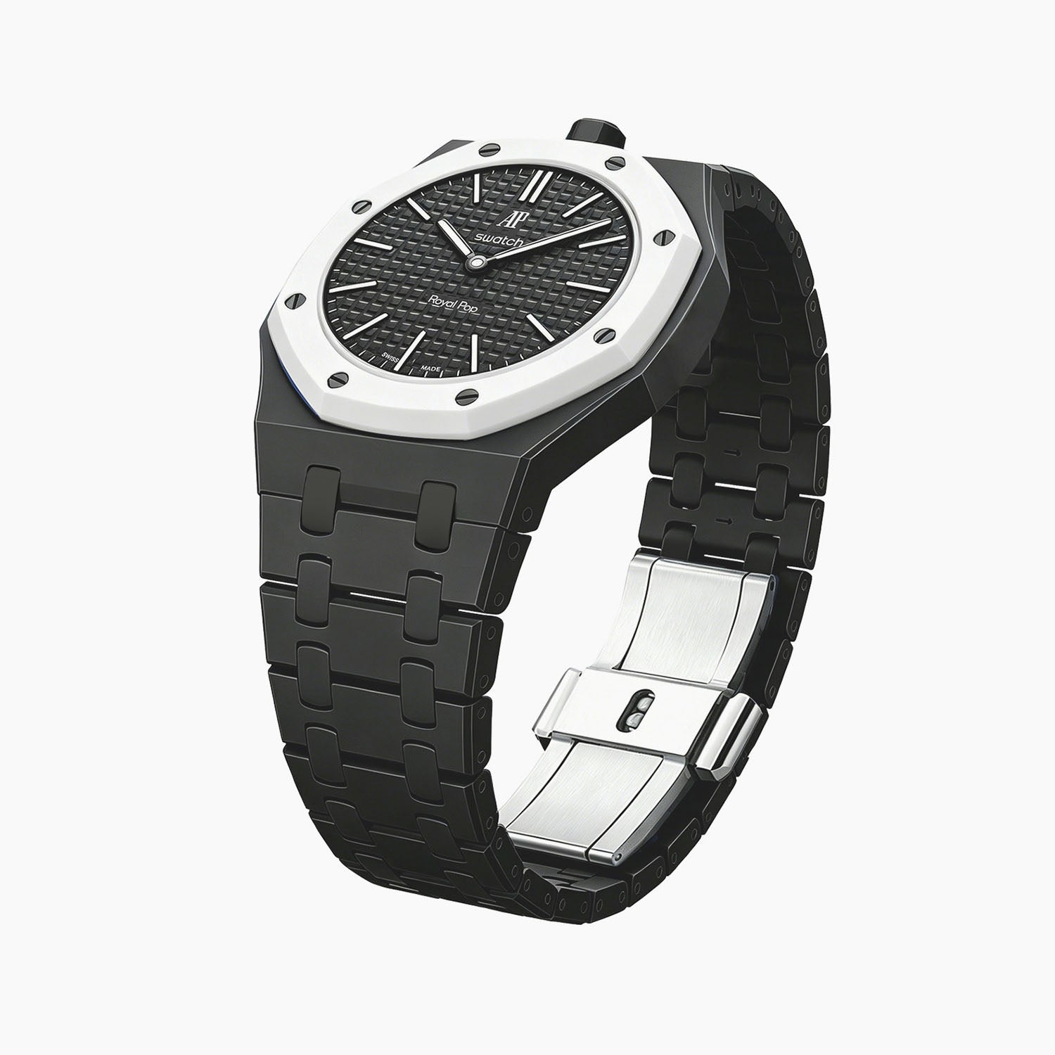 Ocho Negro Swatch × AP Royal Pop Ceramic Case-Strap — the Royal Pop Ocho Negro seated in our ceramic kit, three-quarter view, by IFL Watches