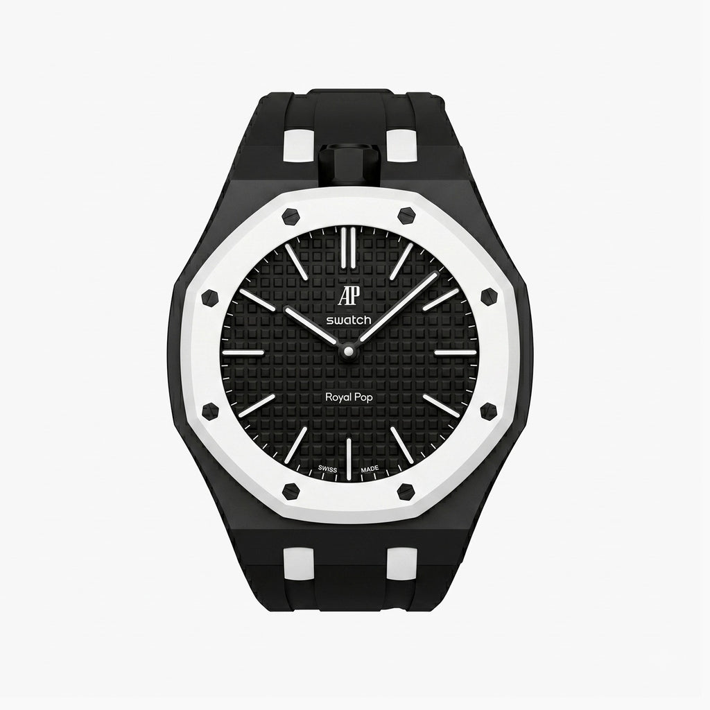 Ocho Negro Swatch × AP Royal Pop Rubber Case-Strap — stealth black kit with the Royal Pop head seated in the case, by IFL Watches