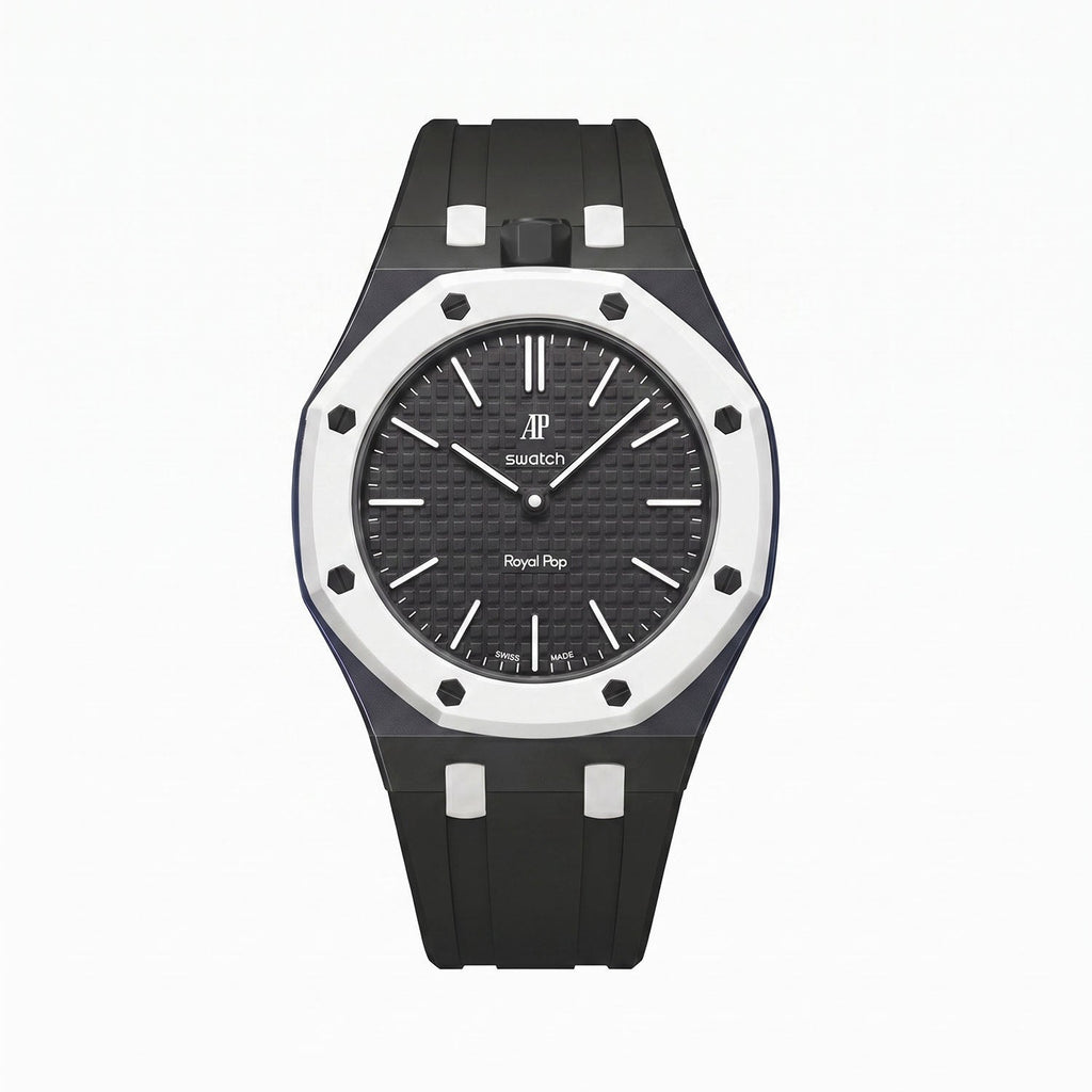 Ocho Negro Swatch × AP Royal Pop Rubber Case-Strap — stealth black kit with the Royal Pop head seated in the case, by IFL Watches