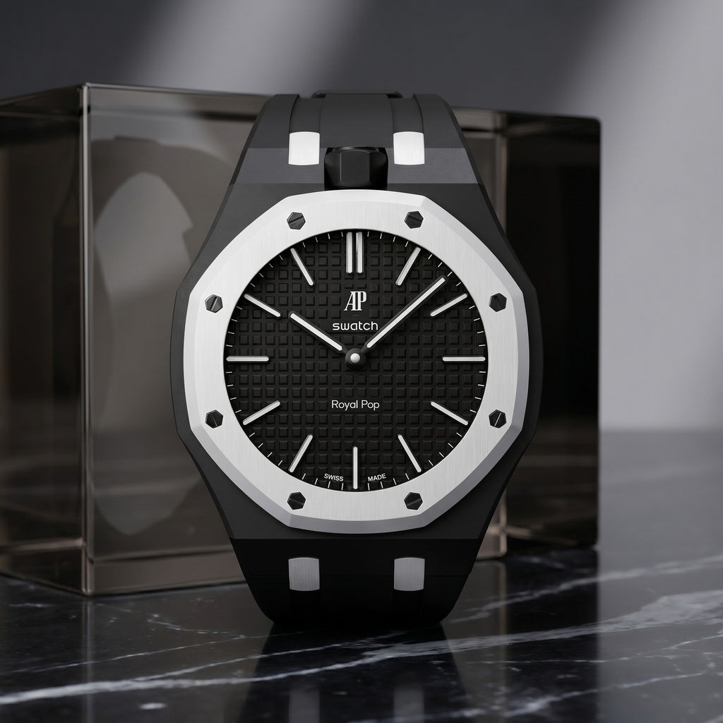 Ocho Negro Swatch × AP Royal Pop Rubber Case-Strap — worn in a marble scene, by IFL Watches