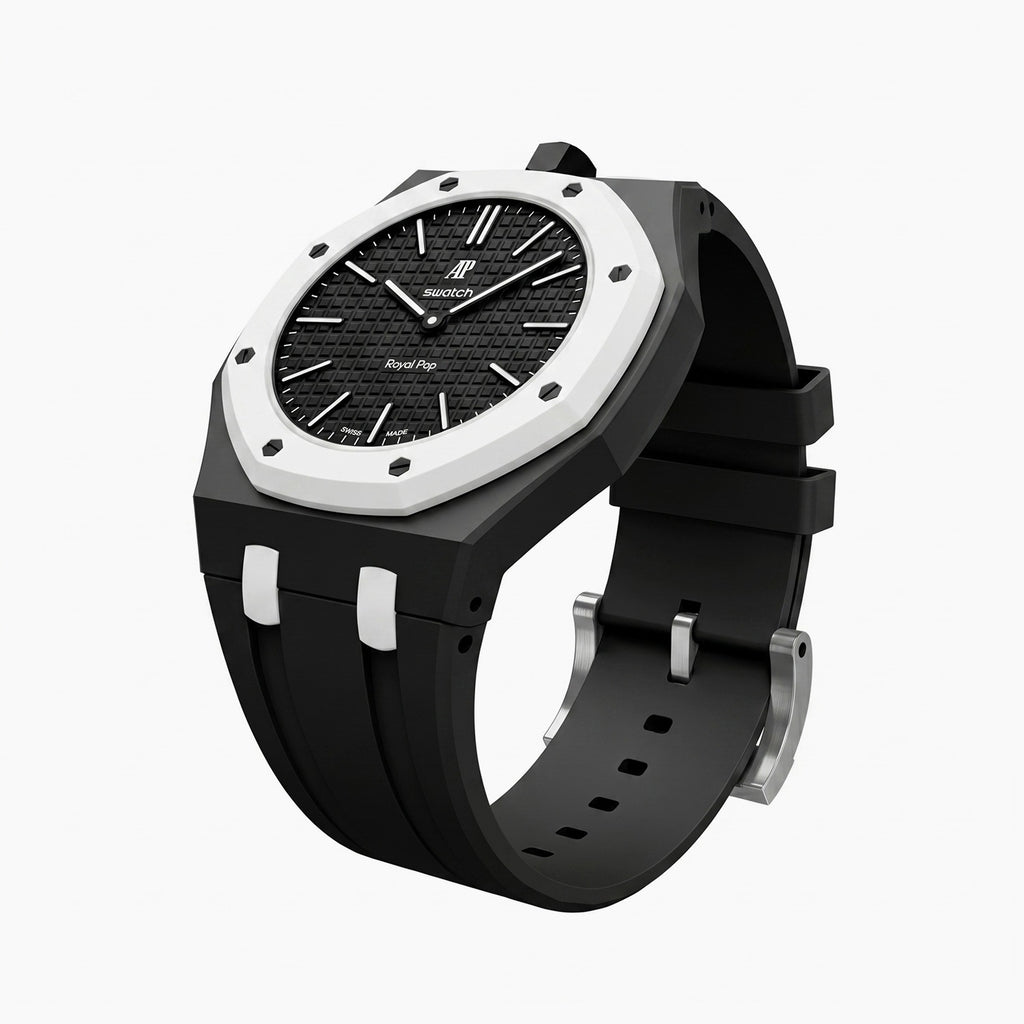 Ocho Negro Swatch × AP Royal Pop Rubber Case-Strap — the Royal Pop Ocho Negro seated in our rubber kit, three-quarter view, by IFL Watches