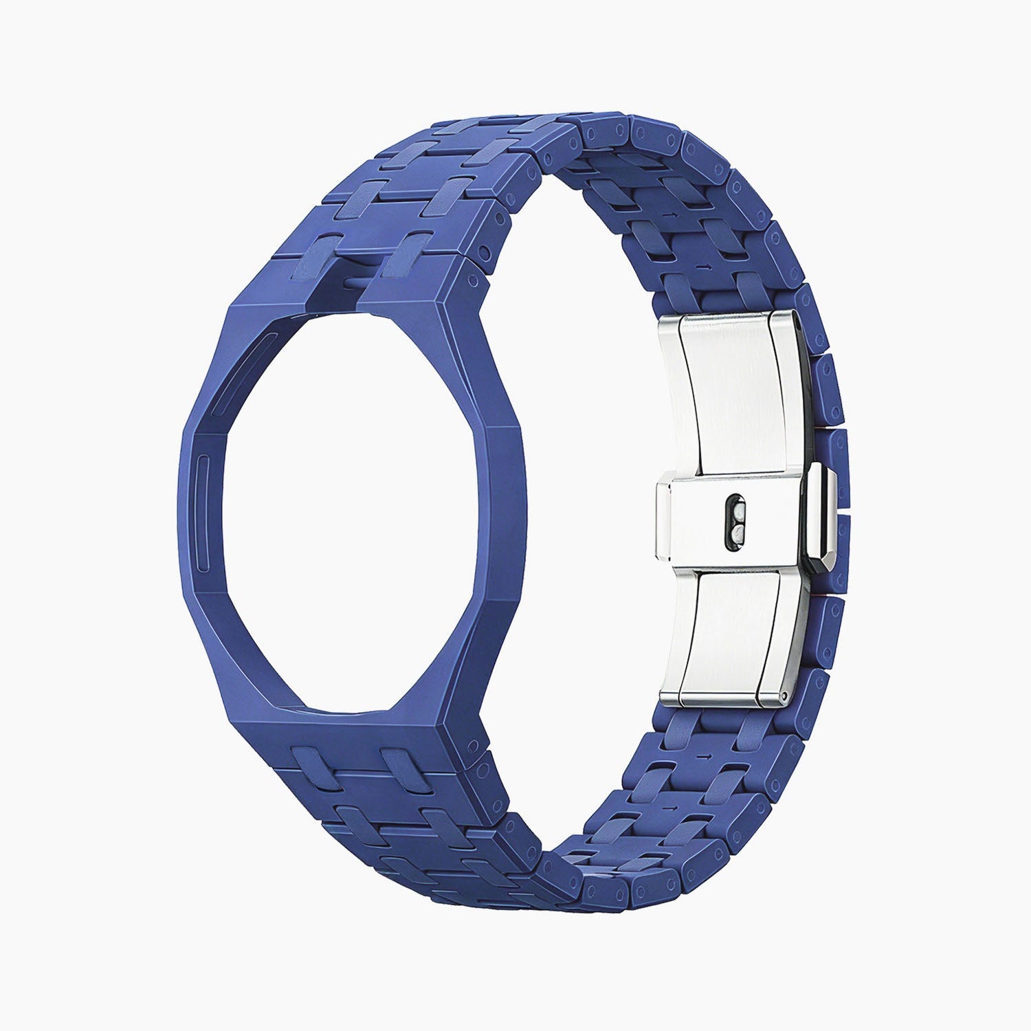 Orenji Hachi Swatch × AP Royal Pop Bioceramic Case-Strap — bare deep navy with orange accents bioceramic bracelet with empty case bracket, front view, by IFL Watches