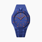 Orenji Hachi Swatch × AP Royal Pop Bioceramic Case-Strap — deep navy with orange accents kit with the Royal Pop head seated in the case, by IFL Watches