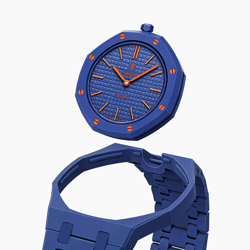 Orenji Hachi Swatch × AP Royal Pop Bioceramic Case-Strap — case and strap shown separately above the Royal Pop, by IFL Watches