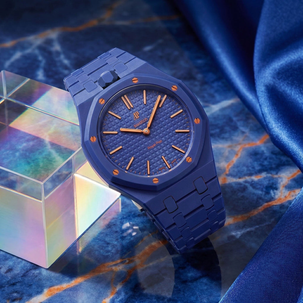Orenji Hachi Swatch × AP Royal Pop Bioceramic Case-Strap — worn in a marble scene, by IFL Watches