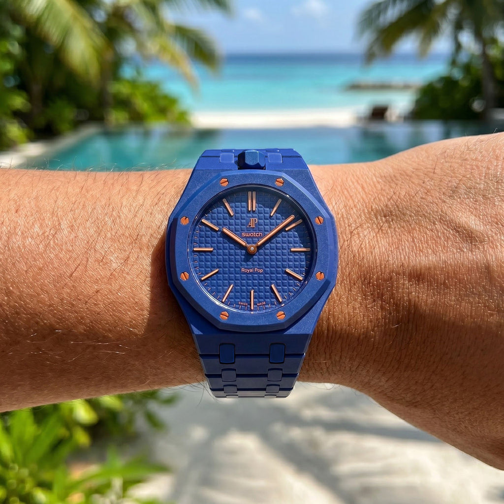 Orenji Hachi Swatch × AP Royal Pop Bioceramic Case-Strap — worn in a poolside scene, by IFL Watches