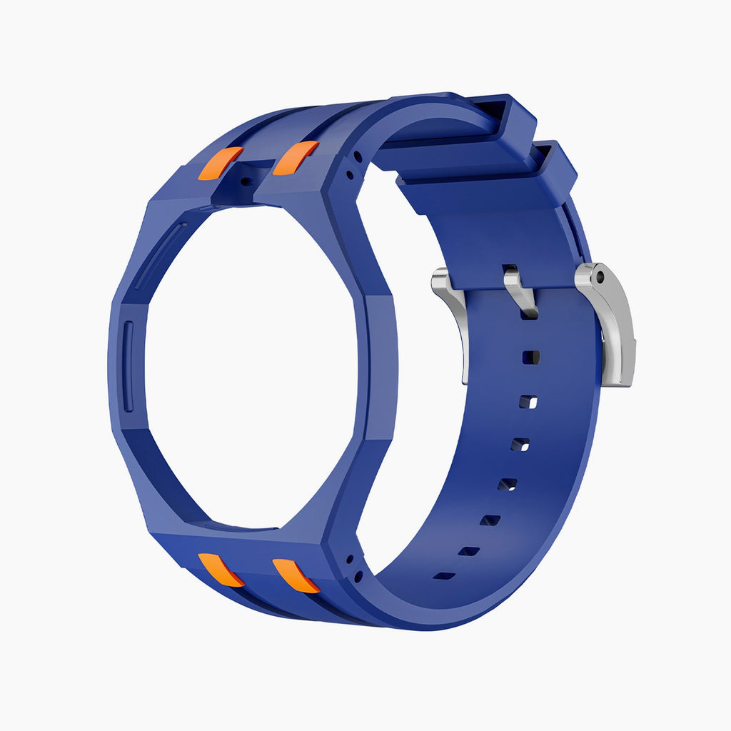 Orenji Hachi Swatch × AP Royal Pop Rubber Case-Strap — bare deep navy with orange accents rubber strap with empty case bracket, by IFL Watches